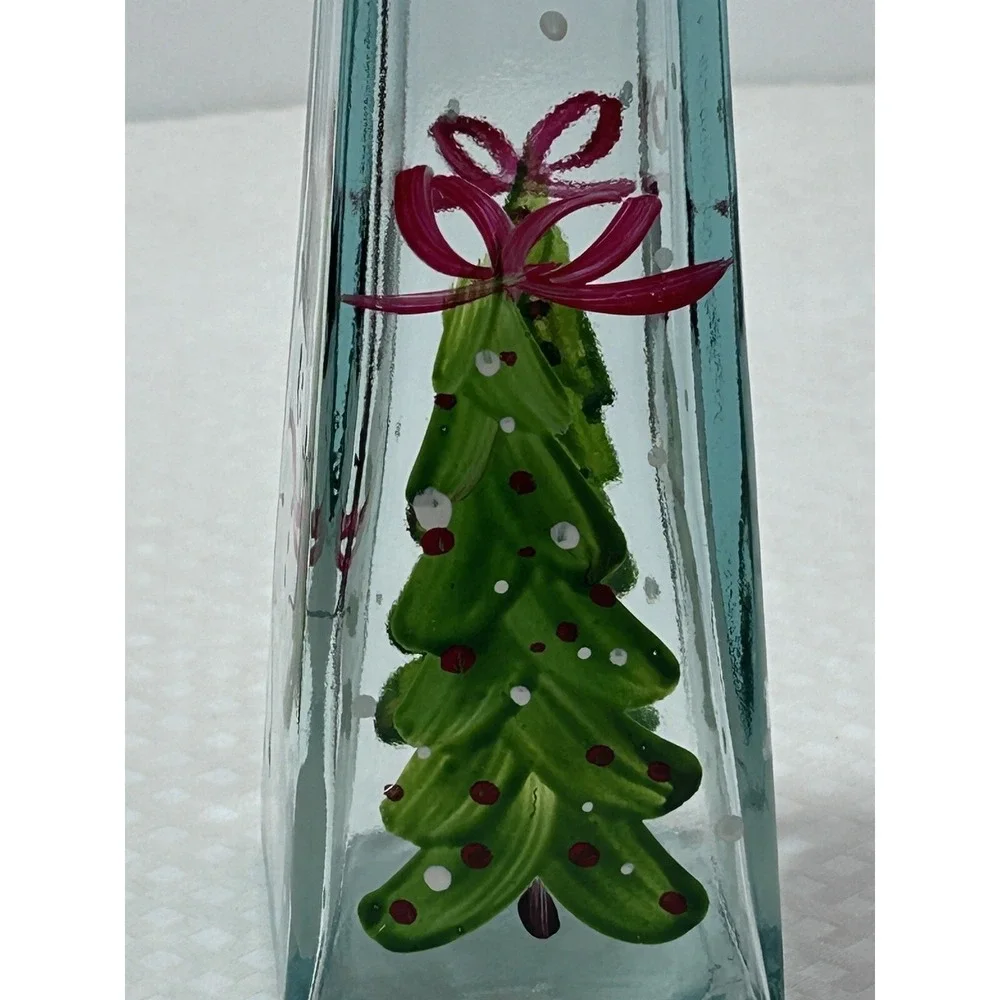 Clear Hand Painted Snowman & Christmas Tree Flower Bud Vase Bottle